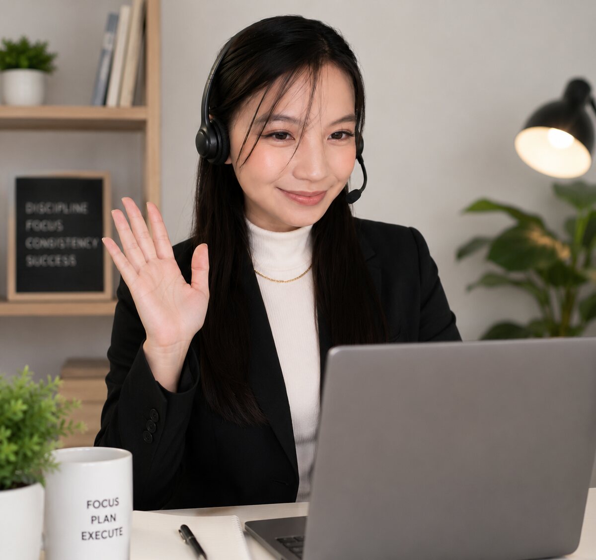 Clear VAs waving during a video call